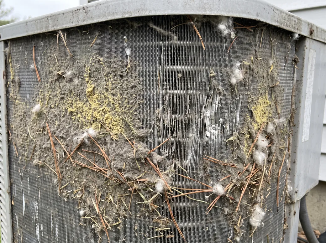 An outdoor condenser coil clogged with pine needles, pollen and lint