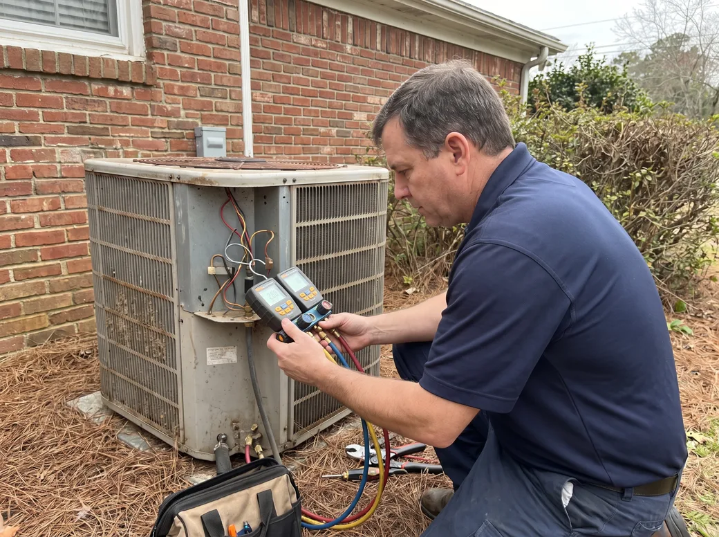 A technician reads digital refrigerant gauges connected to an outdoor AC unit beside a brick wall