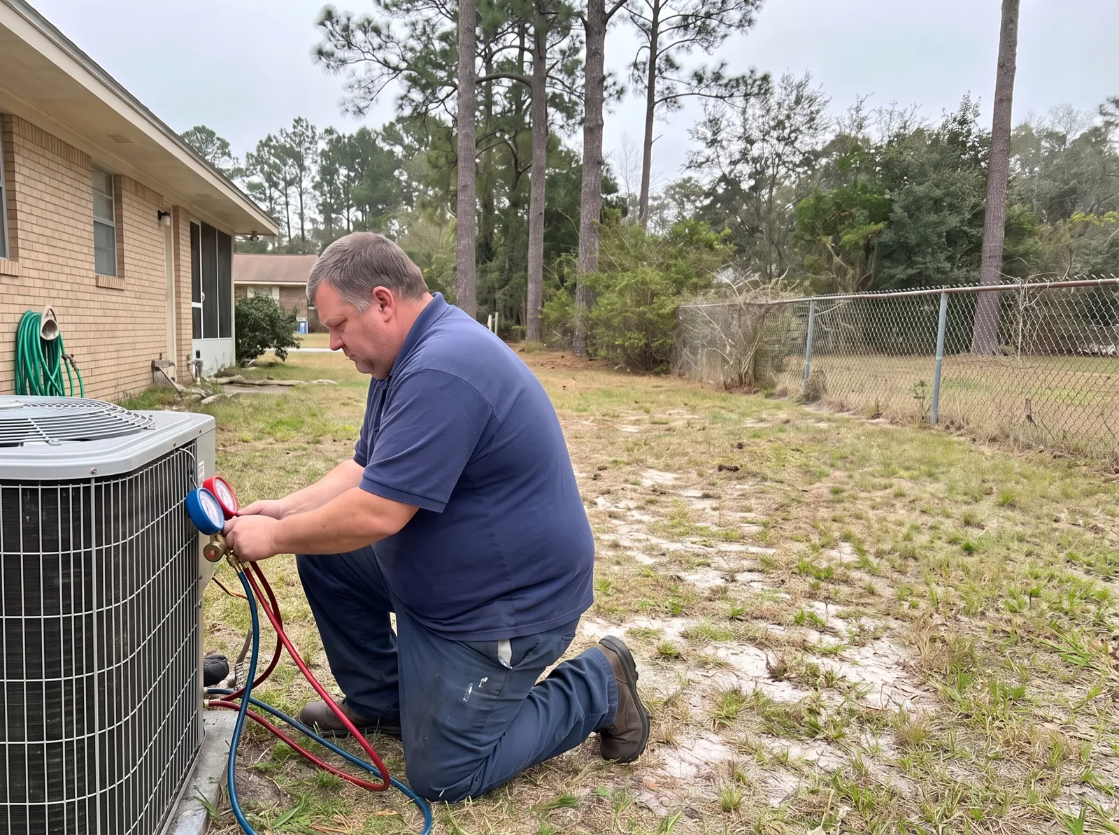 A technician kneels beside an outdoor AC unit at a brick ranch house, reading refrigerant gauges